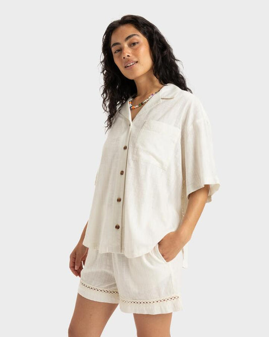 Image of a model wearing Tops. Productname: Roxy Womens Bisous Fancy Long Sleeve Shirt Egret - in Egret colour by brand - Roxy