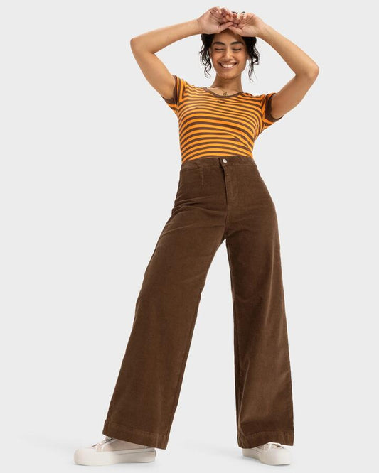 Image of a model wearing Pants. Productname: Roxy Womens Costal Walk Corduroy Pants Fondue Fudge - in Fondue Fudge colour by brand - Roxy
