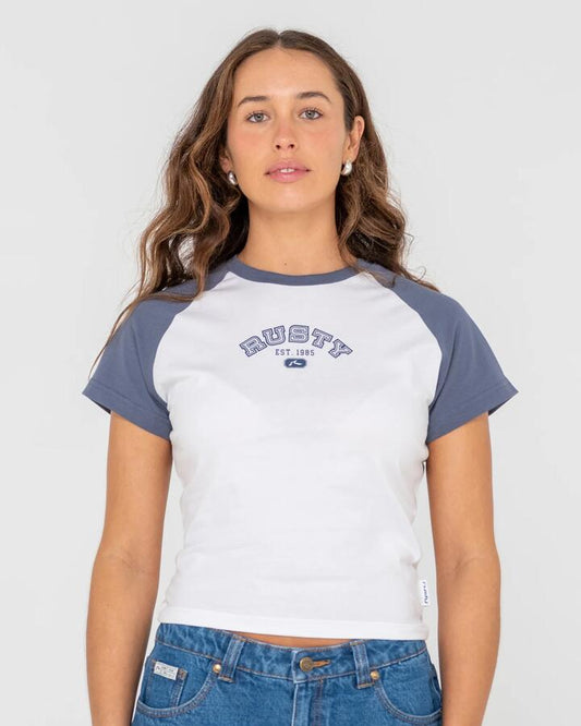 Image of a model wearing Tops. Productname: Rusty Womens College Drop Out Raglan T-Shirt White - in White colour by brand - Rusty