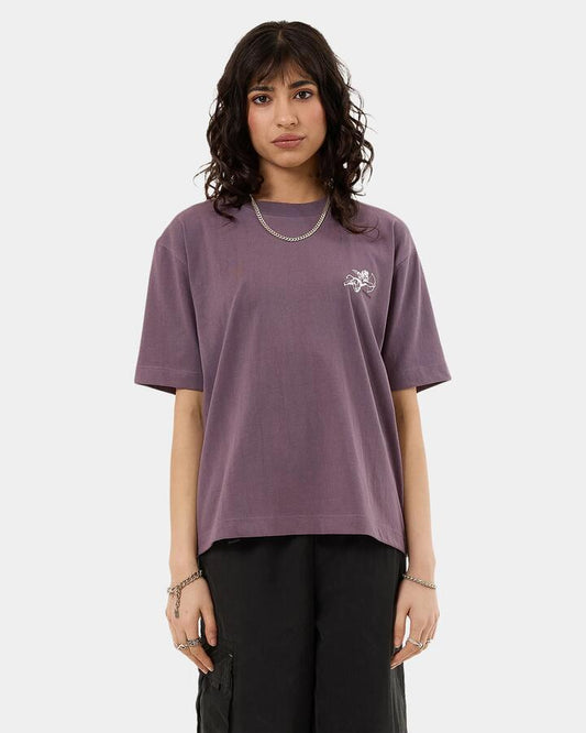 Image of a model wearing Tops. Productname: Worship Womens Cherub Regular Fit T-Shirt Purple Reign - in Purple Reign colour by brand - Worship