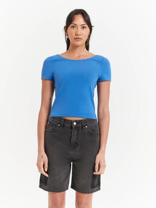 Image of a model wearing Tops. Productname: Beyond Her Allegra Scoop Back T-Shirt in Denim Blue colour by brand - Beyond Her