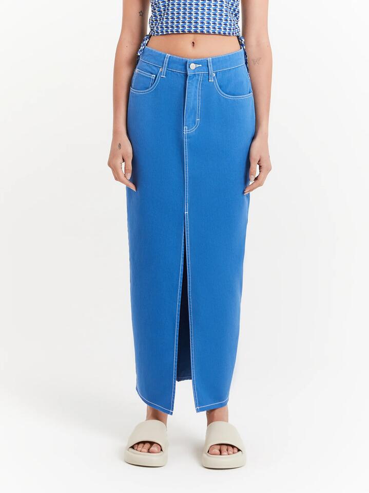 Image of a model wearing Skirts. Productname: Beyond Her Celine Slit Maxi Skirt in Denim Blue colour by brand - Beyond Her