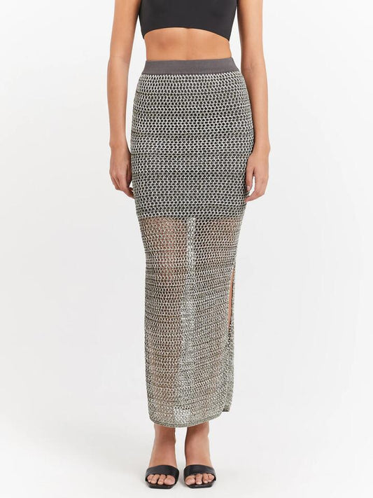 Image of a model wearing Skirts. Productname: First Mse Aurelia Knit Skirt in Gunmetal colour by brand - First Mse
