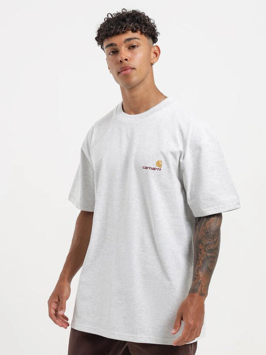 Image of a model wearing Tops. Productname: Carhartt Wip American Script T-Shirt in Ash Heather colour by brand - Carhartt Wip