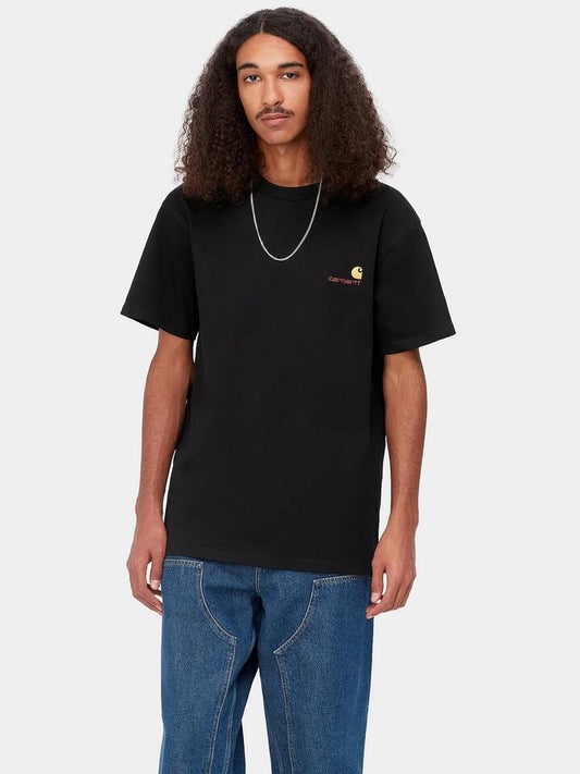 Image of a model wearing Tops. Productname: Carhartt Wip American Script T-Shirt in Black colour by brand - Carhartt Wip