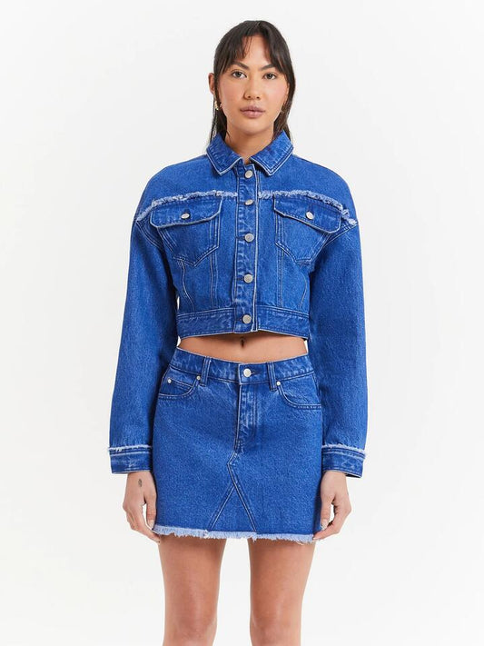 Image of a model wearing Outerwear. Productname: Beyond Her Brielle Cropped Denim Jacket in Lagoon colour by brand - Beyond Her