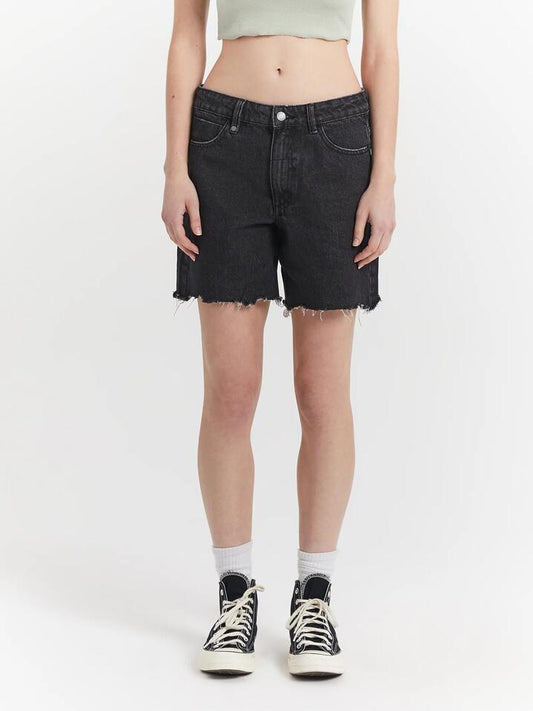 Image of a model wearing Shorts. Productname: Thrills Billie Low Shorts in Smoke Black colour by brand - Thrills