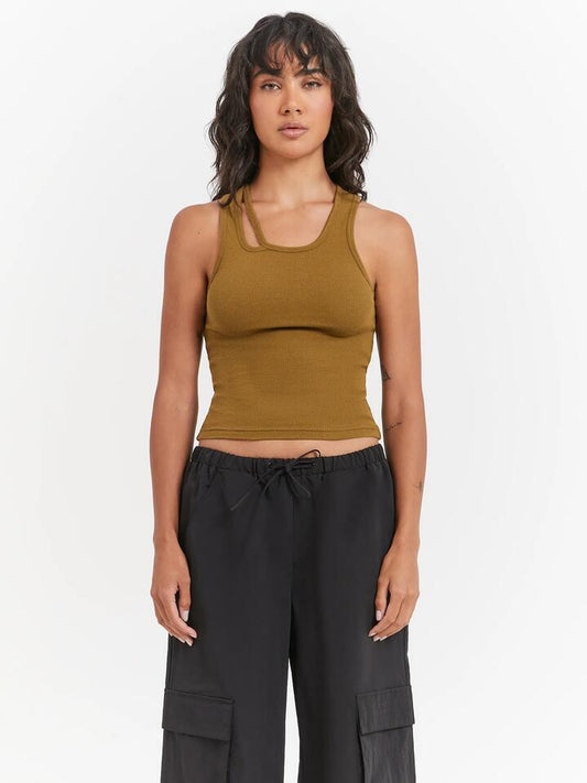 Image of a model wearing Tops. Productname: Beyond Her Paris Tank Top in Olive colour by brand - Beyond Her