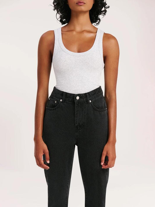 Image of a model wearing Tops. Productname: Nude Lucy Organic Rib Singlet in Grey Marle colour by brand - Nude Lucy