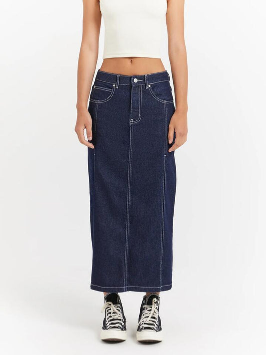 Image of a model wearing Skirts. Productname: Beyond Her Maeve Midi Skirt in Raw Indigo colour by brand - Beyond Her