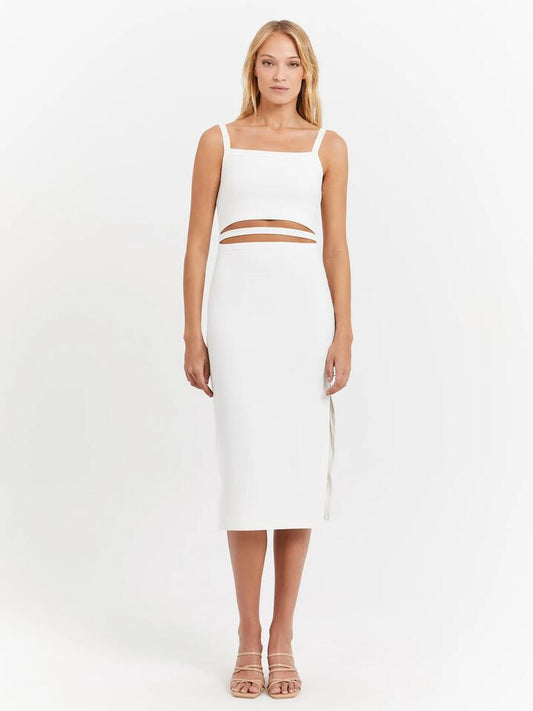 Image of a model wearing Dress. Productname: First Mse Maddox Rib Midi Dress in White colour by brand - First Mse