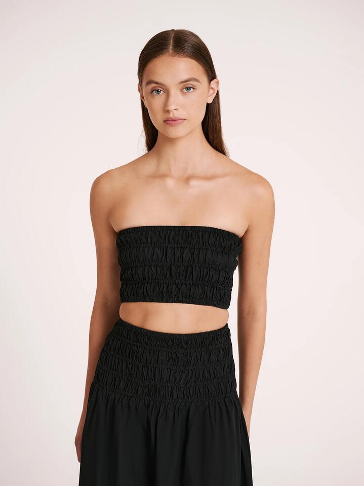 Image of a model wearing Tops. Productname: Nude Lucy Oasis Poplin Bodice in Black colour by brand - Nude Lucy