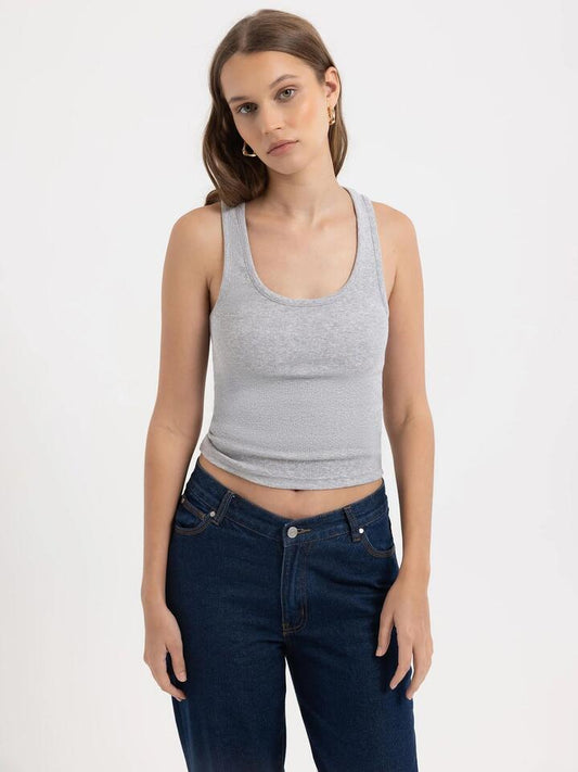 Image of a model wearing Tops. Productname: Beyond Her Milly Tank Top in Grey Marle colour by brand - Beyond Her