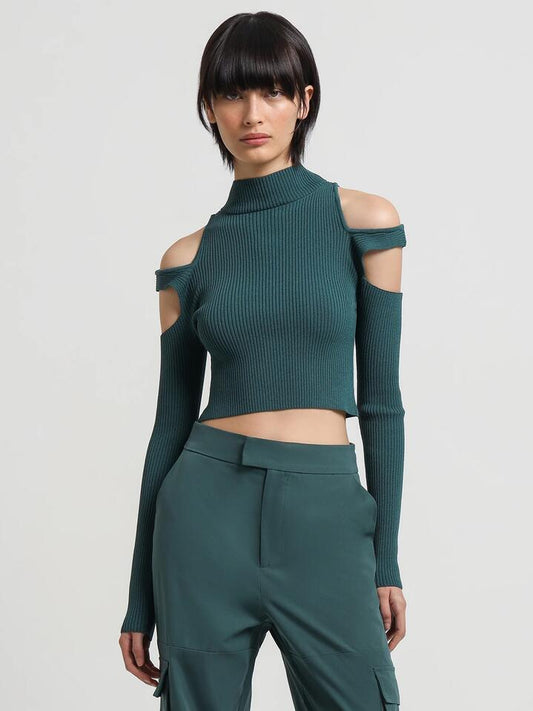 Image of a model wearing Tops. Productname: First Mse Mikal Knit Top in Pine colour by brand - First Mse