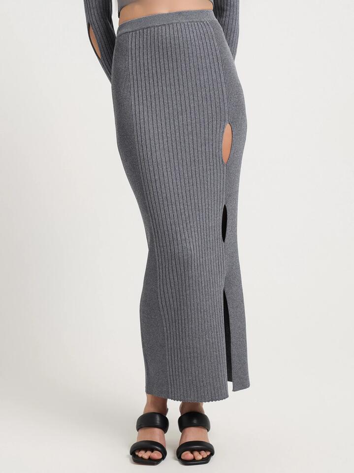 Image of a model wearing Skirts. Productname: First Mse Kaesha Knit Midi Skirt in Dark Marle colour by brand - First Mse