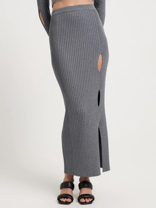 Image of a model wearing Skirts. Productname: First Mse Kaesha Knit Midi Skirt in Dark Marle colour by brand - First Mse