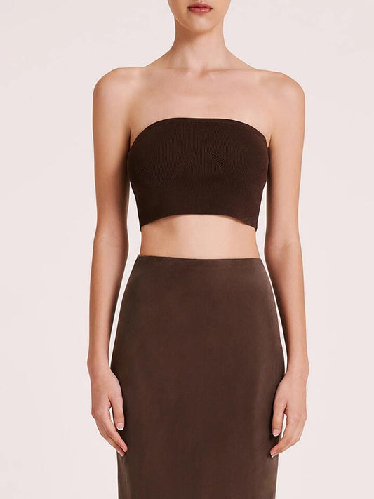 Image of a model wearing Tops. Productname: Nude Lucy Manu Knit Bandeau in Bark colour by brand - Nude Lucy