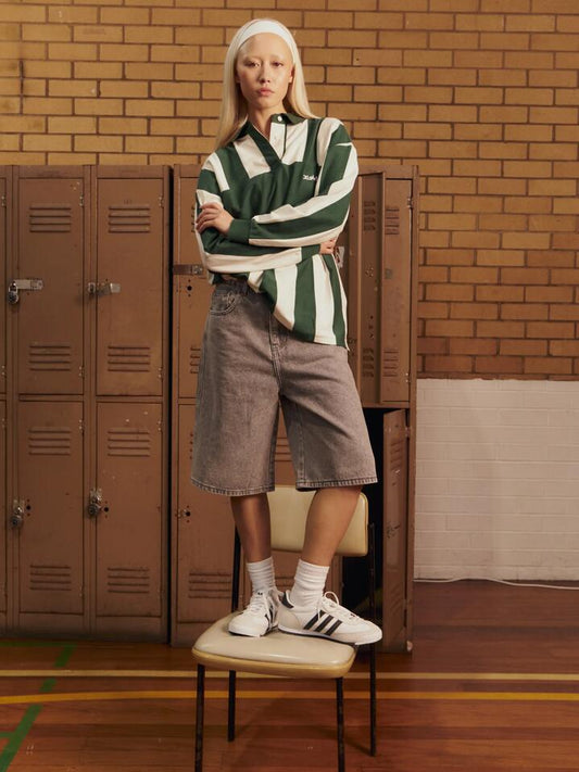 Image of a model wearing Shorts. Productname: Xgirl Mills Baggy Shorts in Washed Grey colour by brand - Xgirl