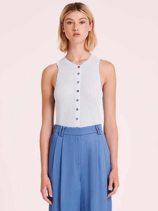 Image of a model wearing Tops. Productname: Nude Lucy Kenji Knit Tank in Sky colour by brand - Nude Lucy