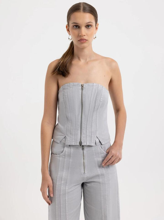 Image of a model wearing Tops. Productname: First Mse Werio Bodice in Cement colour by brand - First Mse