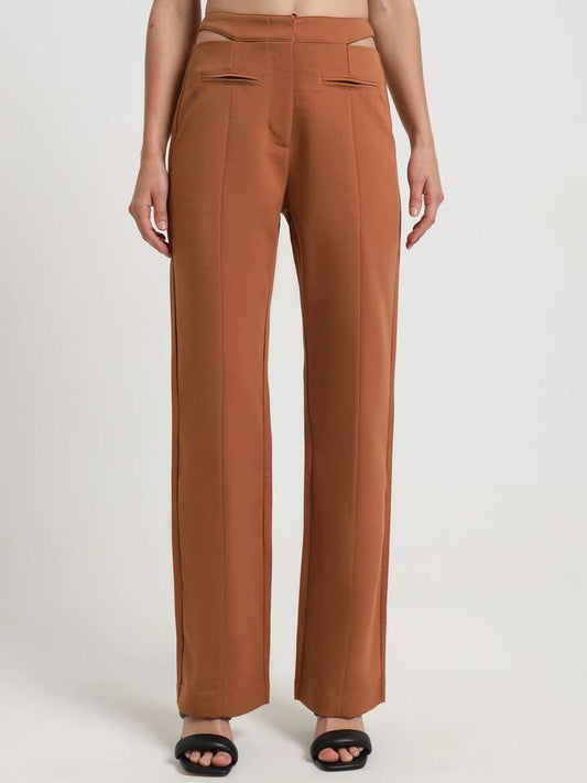 Image of a model wearing Pants. Productname: First Mse Sierra Cut Out Trousers in Tawny colour by brand - First Mse
