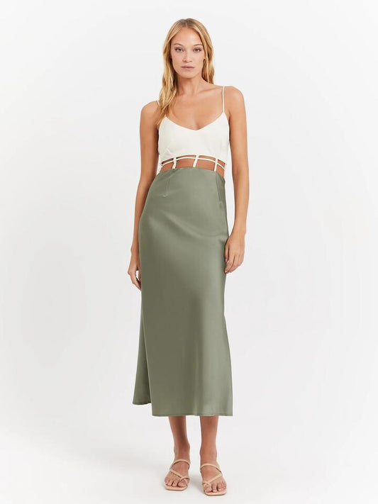 Image of a model wearing Dress. Productname: First Mse Xyla Satin Dress in Fern colour by brand - First Mse