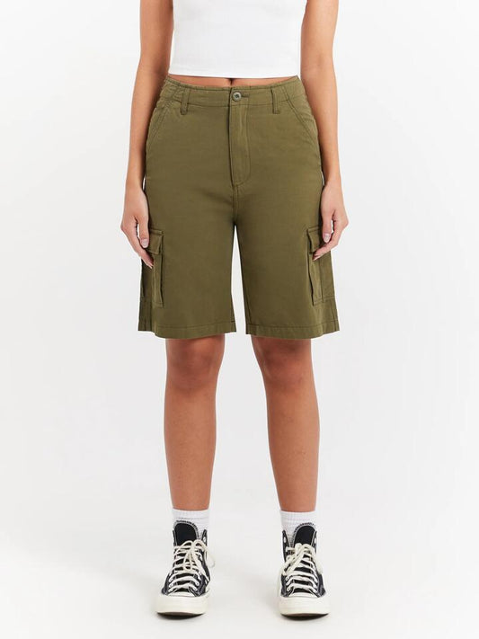 Image of a model wearing Shorts. Productname: Stussy Surplus Cargo Shorts in Olive colour by brand - Stussy