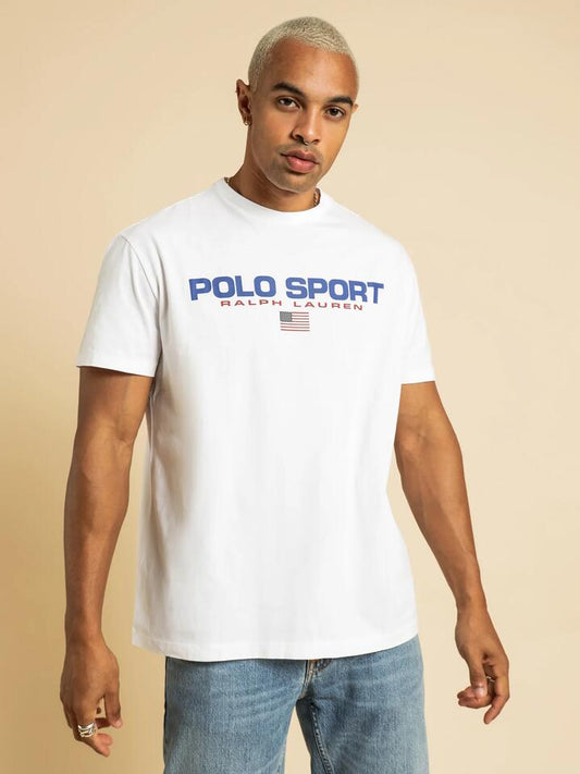 Image of a model wearing Tops. Productname: Polo Ralph Lauren Polo Sport T-Shirt in White colour by brand - Polo Ralph Lauren