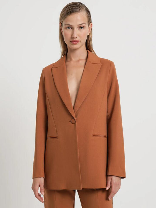 Image of a model wearing Outerwear. Productname: First Mse Sierra Cut Out Blazer in Tawny colour by brand - First Mse