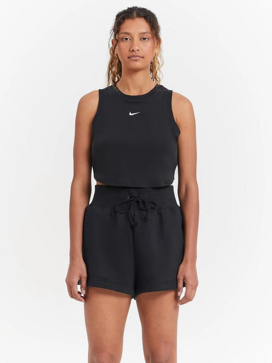 Image of a model wearing Tops. Productname: Nike Sportswear Essentials Ribbed Cropped Tank in Black Sail colour by brand - Nike