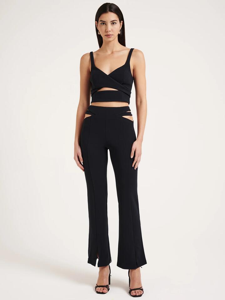 Image of a model wearing Pants. Productname: First Mse Saige Crepe Pants in Midnight colour by brand - First Mse