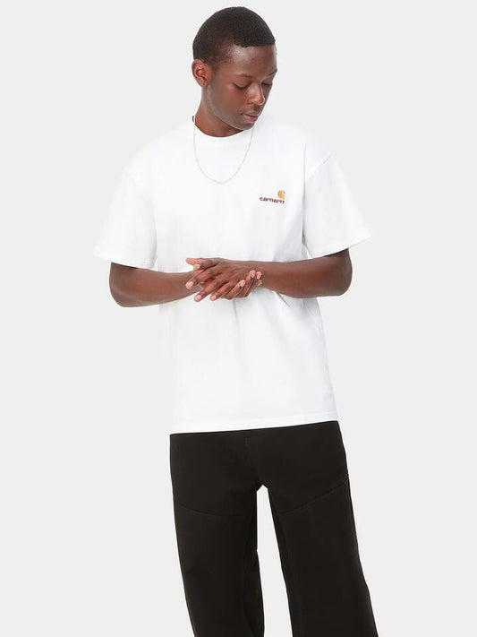 Image of a model wearing Shorts. Productname: Carhartt Wip Short Sleeve American Script T-Shirt in White colour by brand - Carhartt Wip