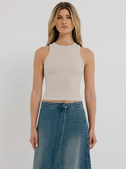 Image of a model wearing Tops. Productname: Beyond Her Dahlia Stitch Tank Top in Oak colour by brand - Beyond Her