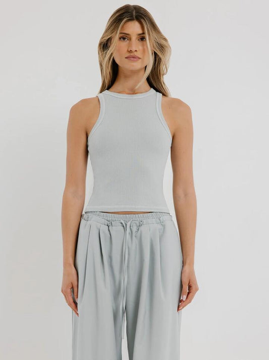 Image of a model wearing Tops. Productname: Beyond Her Dahlia Stitch Tank Top in Icy Seafoam colour by brand - Beyond Her