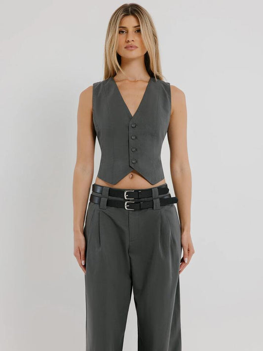 Image of a model wearing Outerwear. Productname: Beyond Her Juni Blazer Vest in Graphite colour by brand - Beyond Her