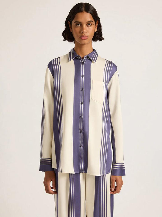 Image of a model wearing Tops. Productname: Nude Lucy Albion Tencel Shirt in Storm Stripe colour by brand - Nude Lucy