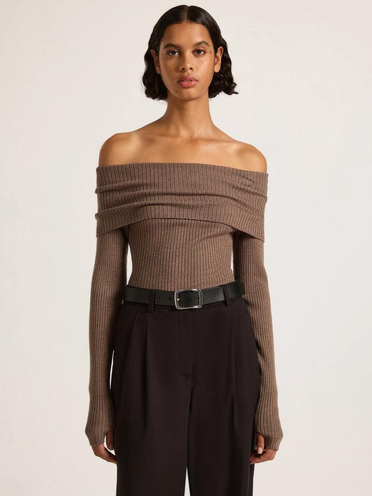 Image of a model wearing Tops. Productname: Nude Lucy Krishna Off Shoulder Knit in Mocha colour by brand - Nude Lucy