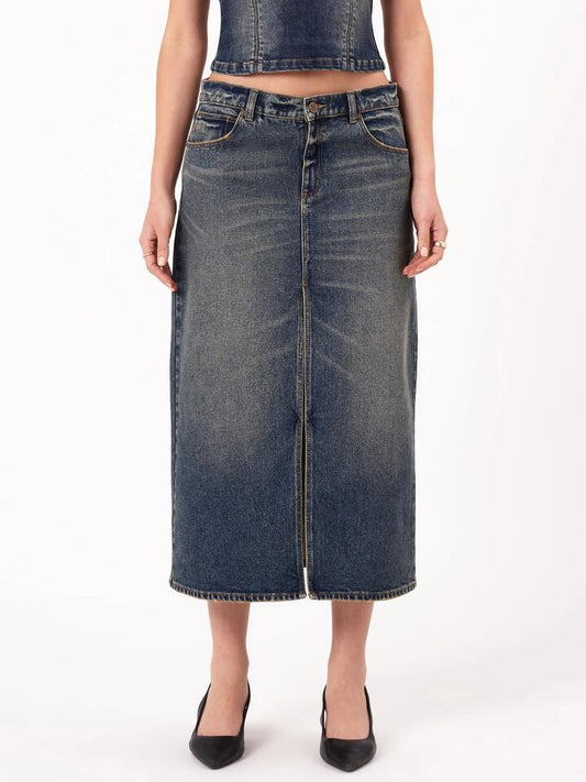 Image of a model wearing Skirts. Productname: Abrand Zendaya 99 Maxi Skirt in Dark Vintage Indigo colour by brand - Abrand