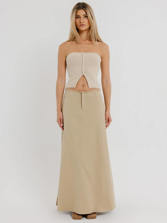 Image of a model wearing Skirts. Productname: Beyond Her Tahni Maxi Skirt in Sand colour by brand - Beyond Her
