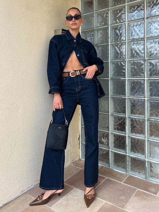 Image of a model wearing Pants. Productname: Lulu & Rose Willow Wide Leg Jeans in Dark Indigo colour by brand - Lulu & Rose