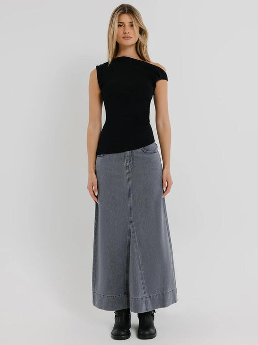 Image of a model wearing Skirts. Productname: Beyond Her Hazel Godet Maxi Skirt in Ash colour by brand - Beyond Her