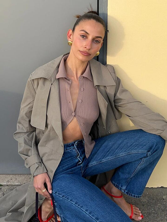 Image of a model wearing Tops. Productname: Lulu & Rose Allegra Button Up Knit Top in Dusty Mauve colour by brand - Lulu & Rose