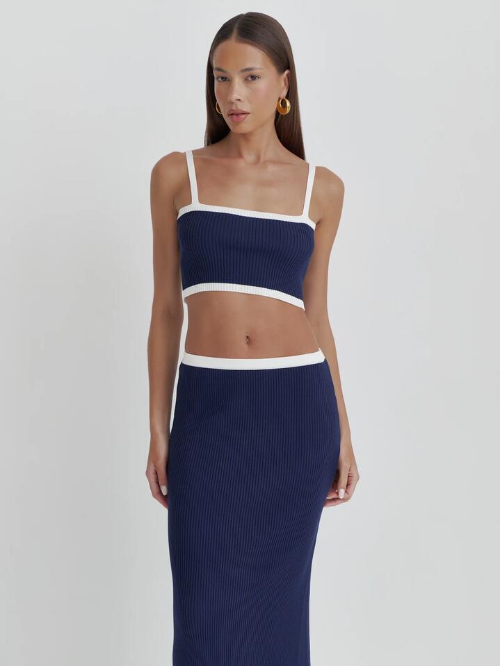 Image of a model wearing Tops. Productname: 4th & Reckless Colette Top in Navy colour by brand - 4th & Reckless