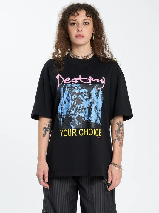 Image of a model wearing Tops. Productname: Worship Destino Oversized T-Shirt in Black colour by brand - Worship