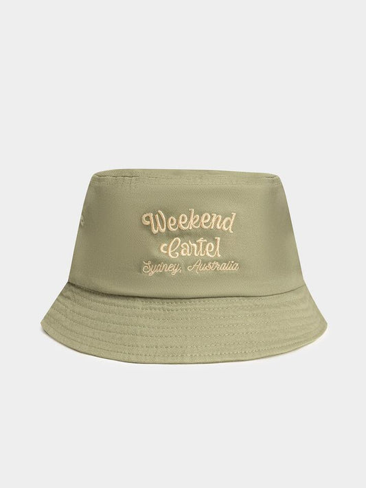 Image of Hats. Productname: Weekend Cartel Script Bucket Hat ONE SIZE Sage Green in Sage Green colour by brand - Weekend Cartel