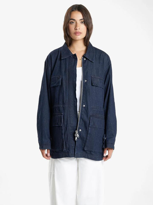 Image of a model wearing Outerwear. Productname: Thrills Meg Jacket in Raw Indigo colour by brand - Thrills