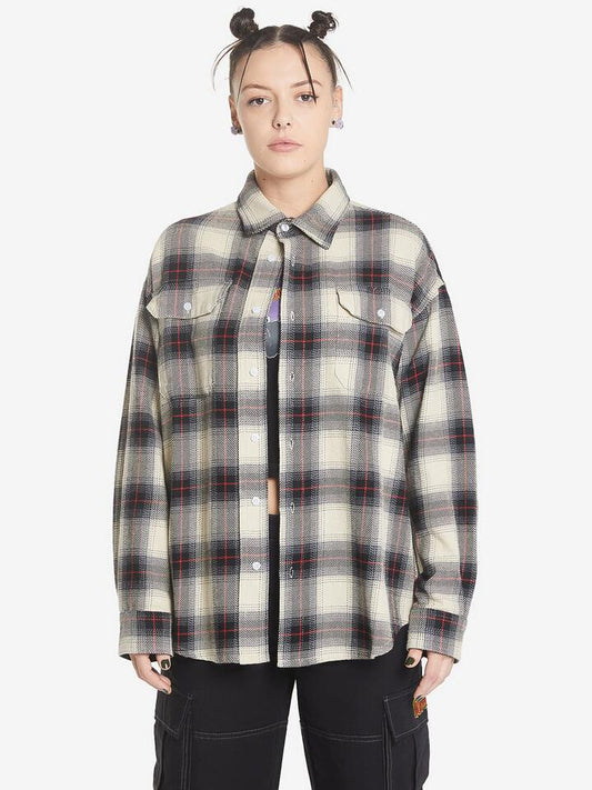 Image of a model wearing Tops. Productname: Worship Gobbler Long Sleeve Flannel Shirt in Black colour by brand - Worship