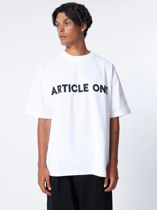 Image of a model wearing Tops. Productname: Article One Bold Logo T-Shirt in White colour by brand - Article One
