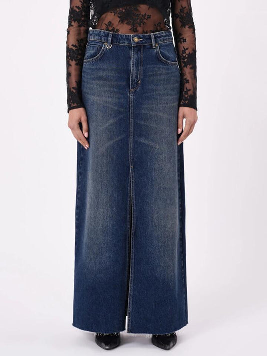 Image of a model wearing Skirts. Productname: Neuw Darcy Maxi Skirt Gold Mine - Dark Vintage Indigo in Dark Vintage Indigo colour by brand - Neuw