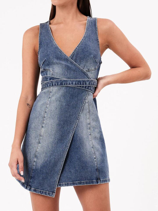 Image of a model wearing Dress. Productname: Abrand City Wrap Dress Dalia in Mid Vintage Indigo colour by brand - Abrand